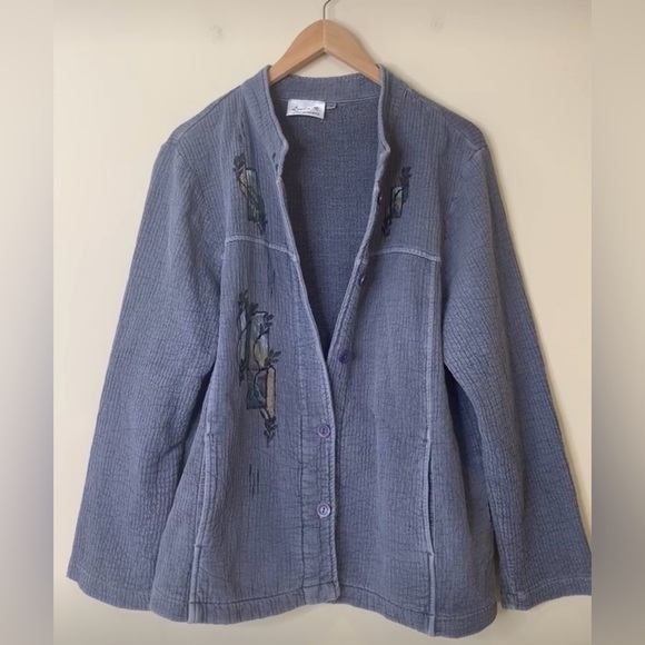 Linda K Originals | Blue Hand Painted Button Down Textured 100% Cotton Jacket M - Picture 3 of 17